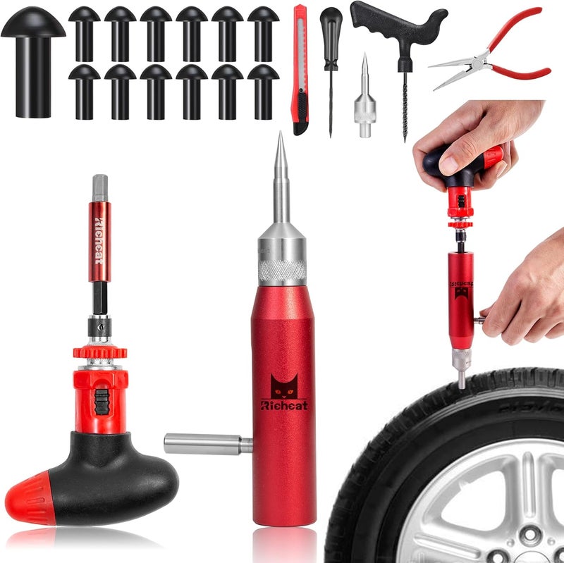 Richcat Tubeless Tire Puncture Repair Kit with Mushroom Plug, Repairs punctures and Flat Tires for Motorcycles, Cars, Trucks, ATVs and Tractors - Image 1